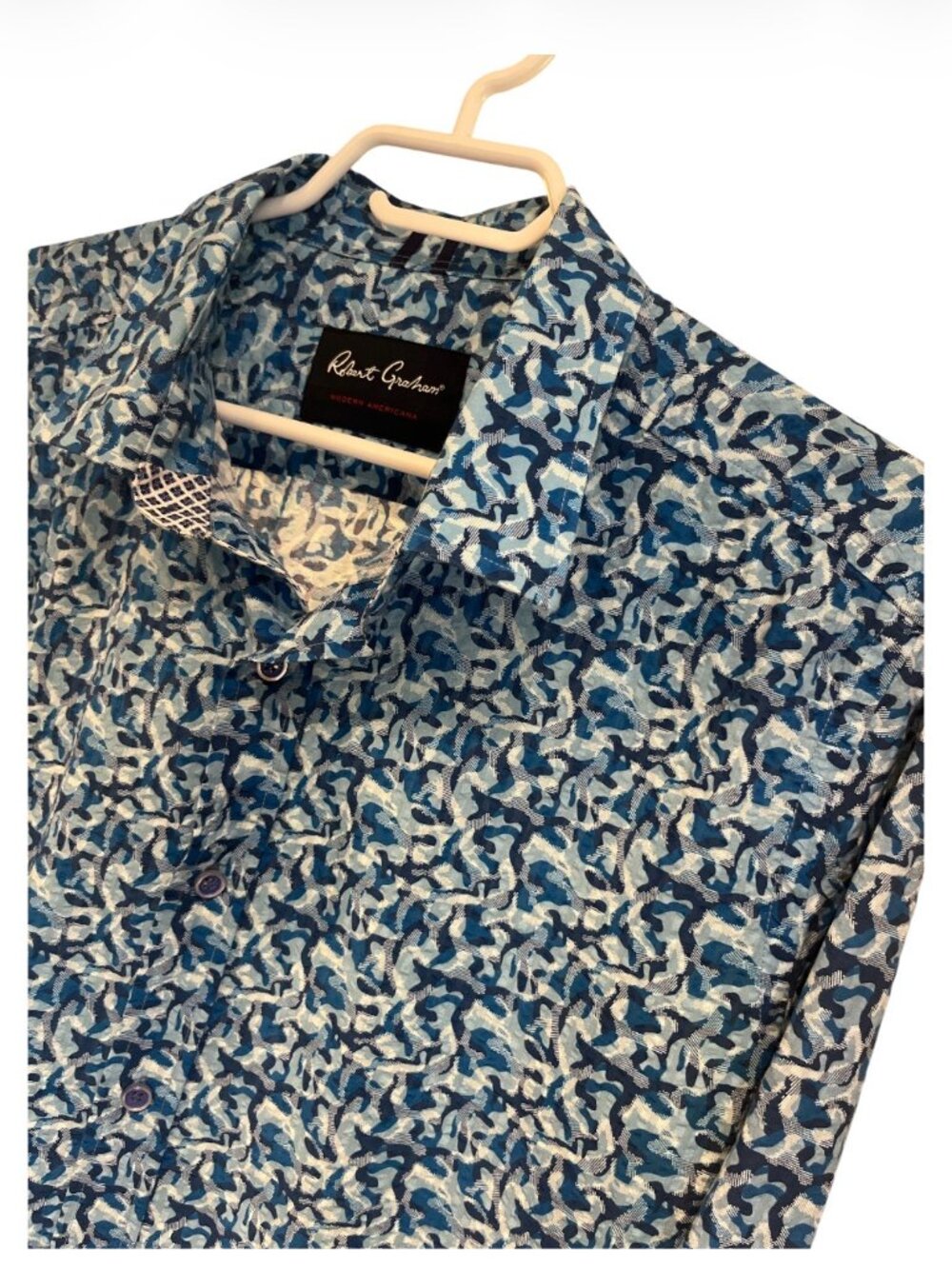 ROBERT GRAHAM Dress Shirt Tailored Fit Size Large Blue Camo Pattern